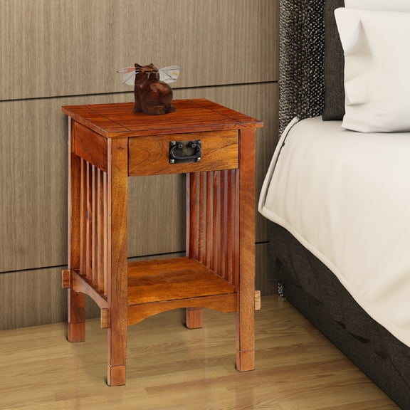 Telephone Stand Wood Mango Brown Drawer Storage Organizer Home Decor
