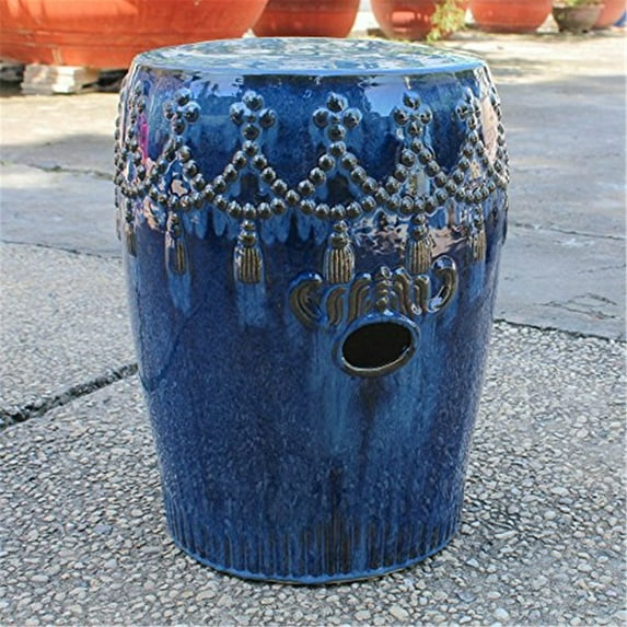 Garden Stool Drum Ottoman - Ceramic Accent Furniture - Patio Decor - Indoor Outdoor Seating - 14x19 Inch