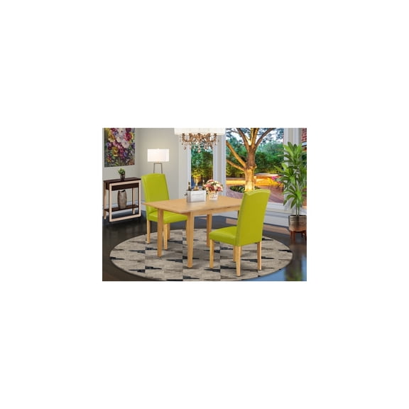 3Pc Rectangular Dining Set - Table w/ Leaf & 2 Parsons Chairs - Green PU Leather, Oak Legs