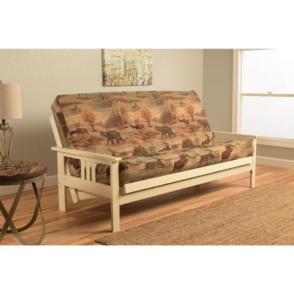 Futon Frame with Mattress - Full Size Sofa Bed, Antique White, Easy Assembly, Classic Design