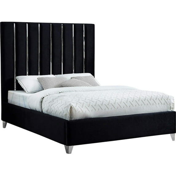 Maykoosh Timeless Tradition Modern , Contemporary Velvet Upholstered Bed with Deep Channel Tufting and Chrome Accent Design-Color:Black,Size:King