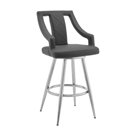 Swivel Bar Stool - Gray Faux Leather & Stainless Steel - Modern Counter/Bar Height Seating