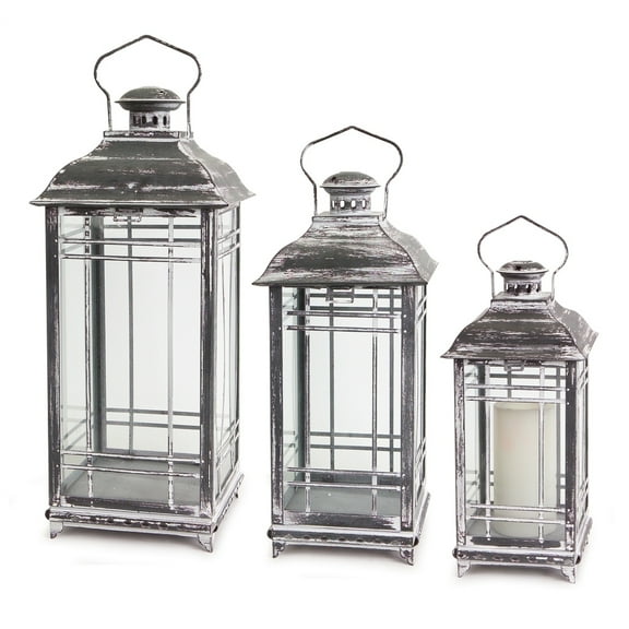 Metal Lanterns Set of 3 - Grey Decorative Lanterns for Home Patio Garden