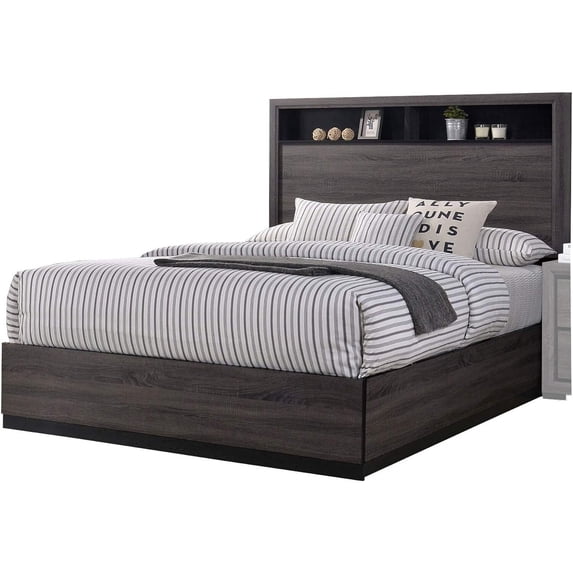 Wooden Platform Bed with Bookcase Headboard - Gray Transitional Design for Bedroom