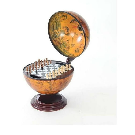 Red Globe with Chess Set - Antique World Map & Fresco Decor - 15"L x 13"W x 19"H