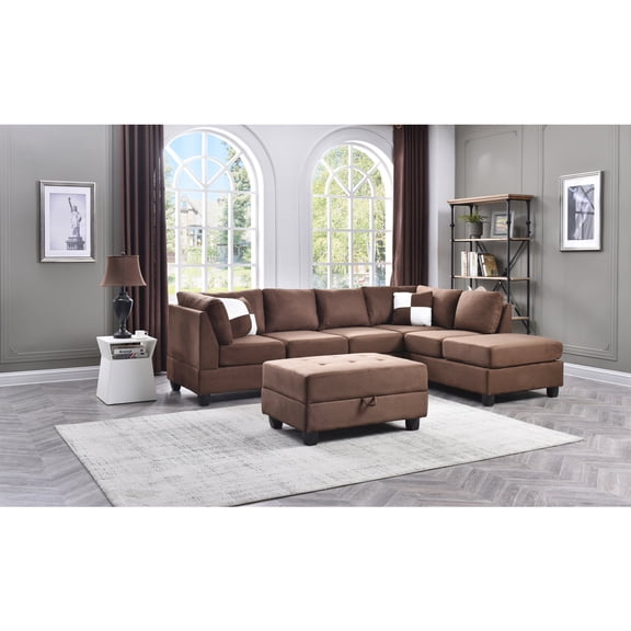 Maykoosh Elegant Escape L-Shape Sectional Sofa with Button-Tufting, Removable Backs and Pocketed Coil Seating, Track Arm Style, Living Room Sectional Couch -111"D x 78"W x 34"H-Color:Chocolate