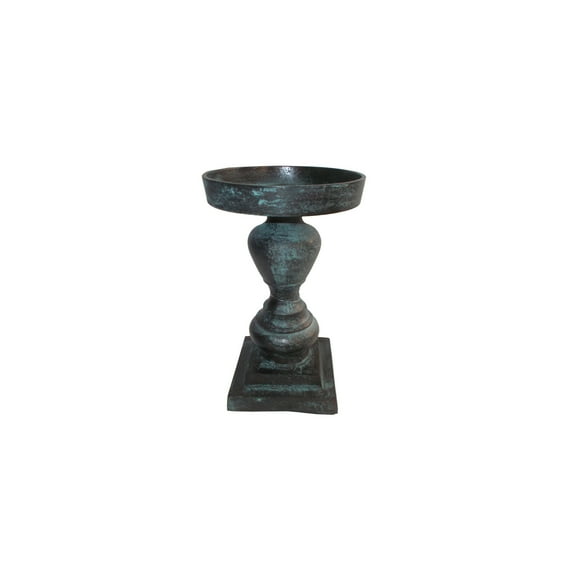 Metal Pillar Holder - Patina Finish - Traditional Pedestal Design - Square Base - Decorative Candle Holder