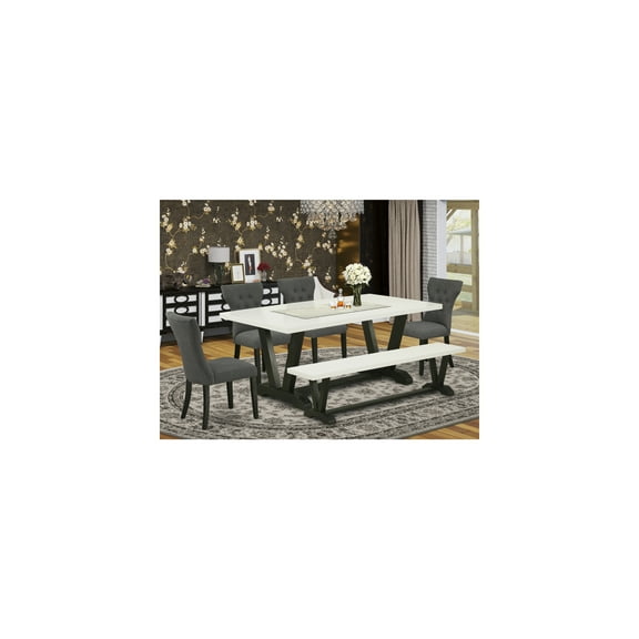 6-Piece Dinette Set - Dark Grey Linen Fabric Parsons Chairs & Rectangular Table