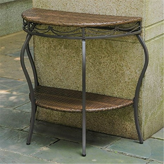 Victorian Half Moon Wall Table - Indoor Outdoor Decor - Antique Brown Wicker & Steel Console Table