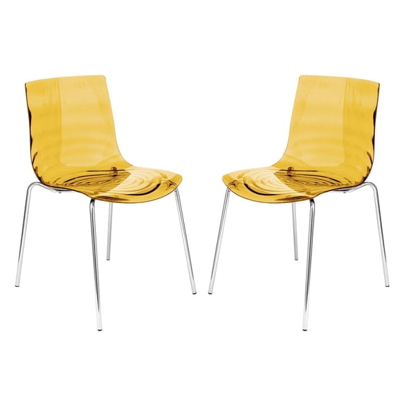 Modern Dining Chairs Set of 2 - Clear Acrylic Ripple Design - Chrome Legs - Contemporary Accent Chairs