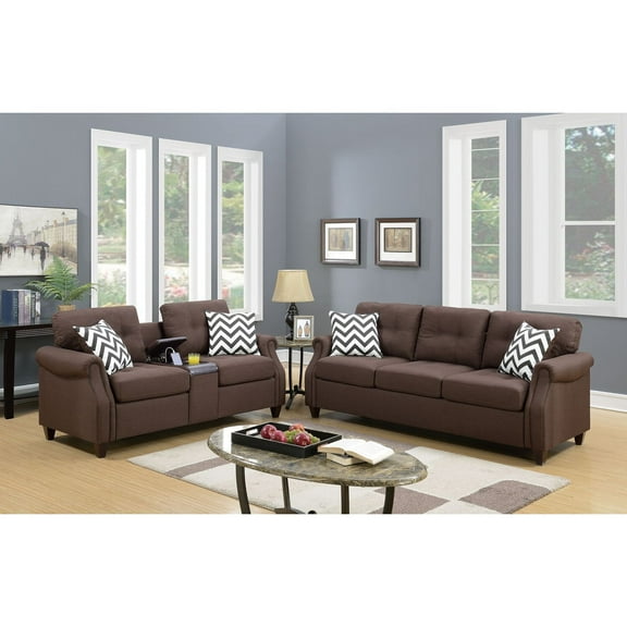 Victorian Sofa Set 2 Piece Fabric Living Room Set with USB Console - Dark Coffee Finish