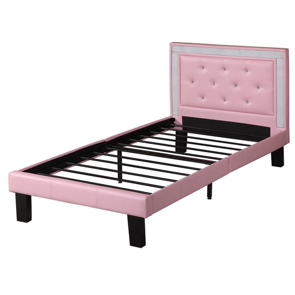 Twin Size Bed with Tufted Headboard - Elegant Victorian Style Bed Frame, Pink Faux Leather, Solid Pine Construction
