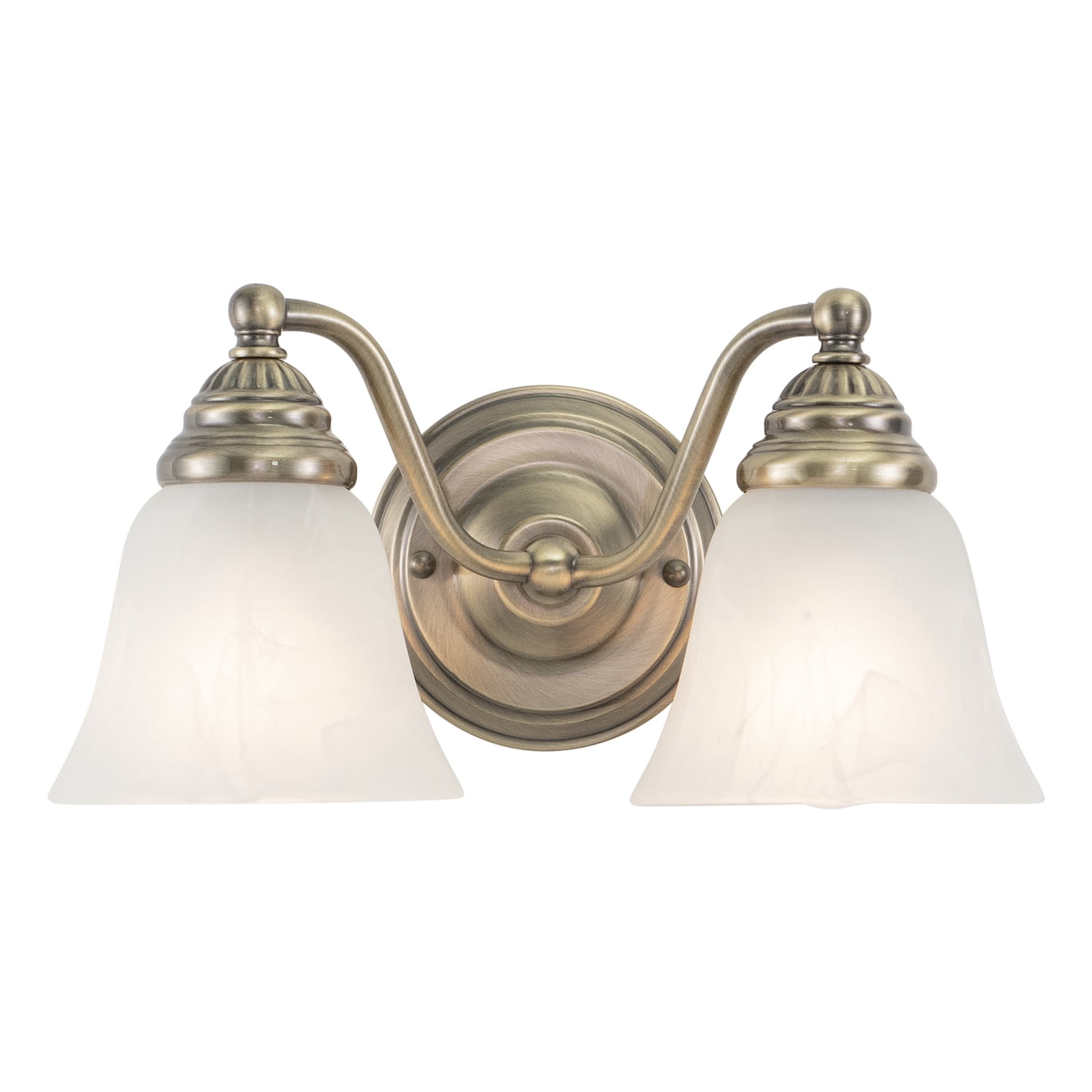 Maykoosh Victorian Vintage 2-Light Bathroom Vanity Fixture: Antique Brass Finish, White Alabaster Shades, 13"W x 7"H, Reversible Mounting