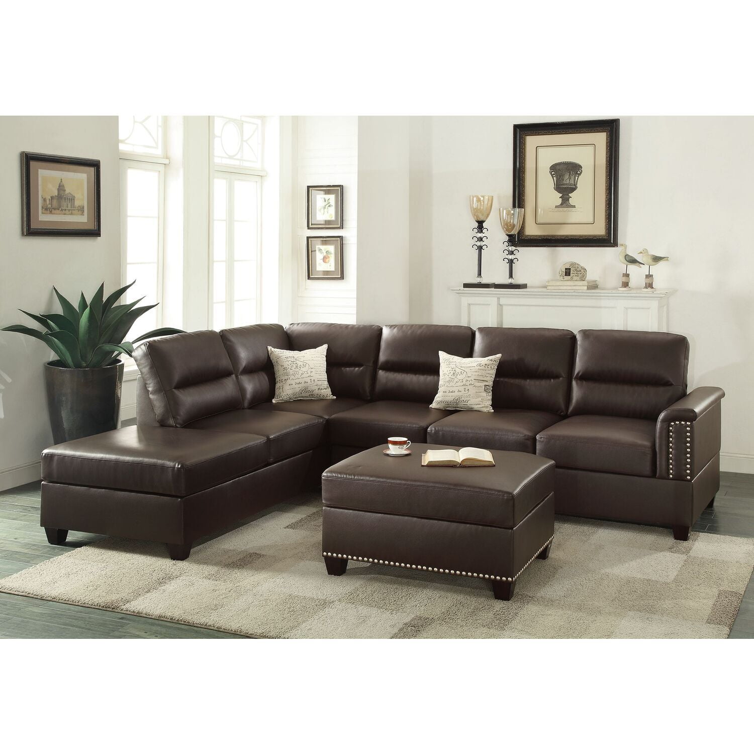 Espresso Faux Leather 3-Piece Sectional Sofa with Ottoman