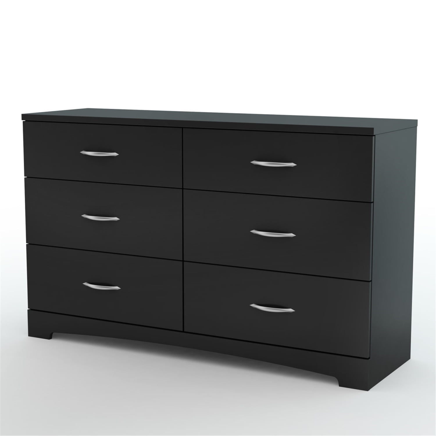 Transitional Pure Black 6-Drawer Double Dresser with Nickel Handles