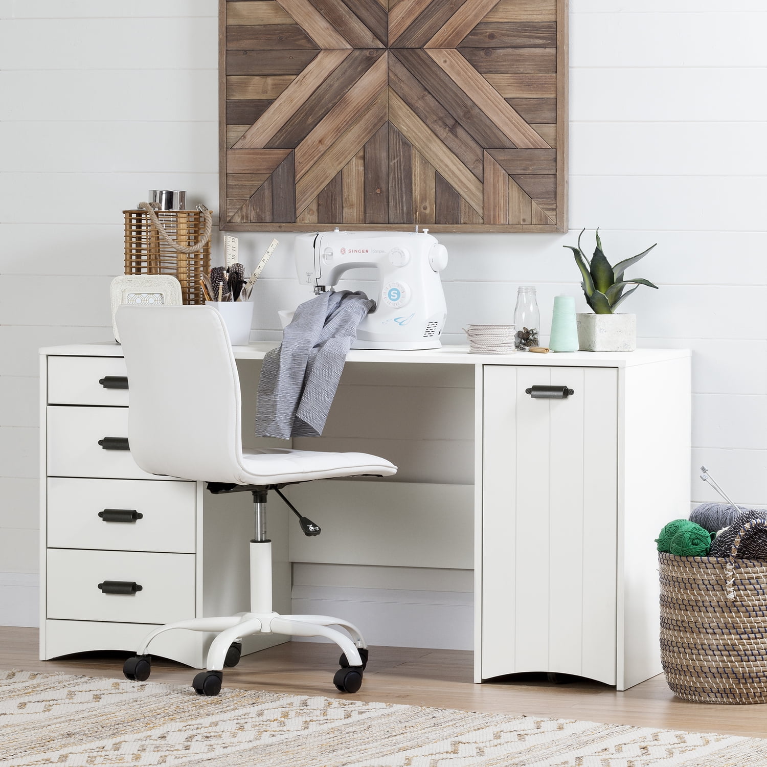 HomeStock Victorian Virtue Sewing Craft Table With Storage in White, Floor Mountable, Laminated Finish, Portable Sewing Cabinet - 23.75"D x 58.25"W x 30"H