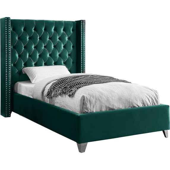 Velvet Upholstered Bed with Wingback & Nailhead Trim - Bedroom Furniture