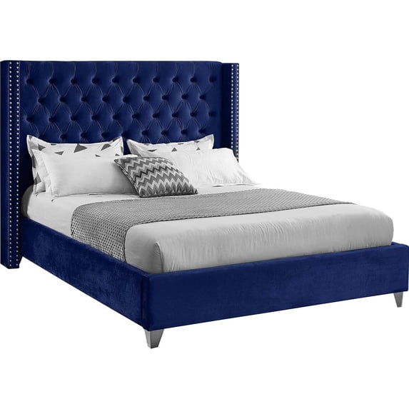 Velvet Upholstered Bed with Wingback & Nailhead Trim - Bedroom Furniture