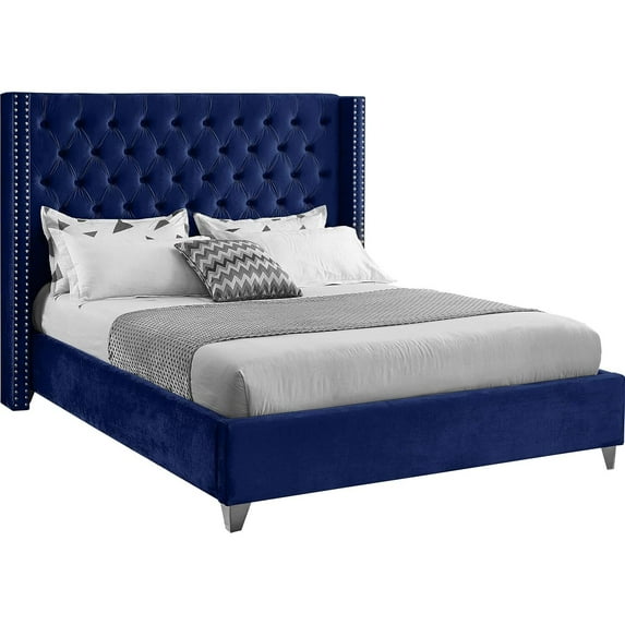 Maykoosh Victorian Virtue Velvet Bed - Elegant Design with Wingback & Chrome Nail Head Accents for a Luxurious Bedroom-Color:Navy,Size:Queen