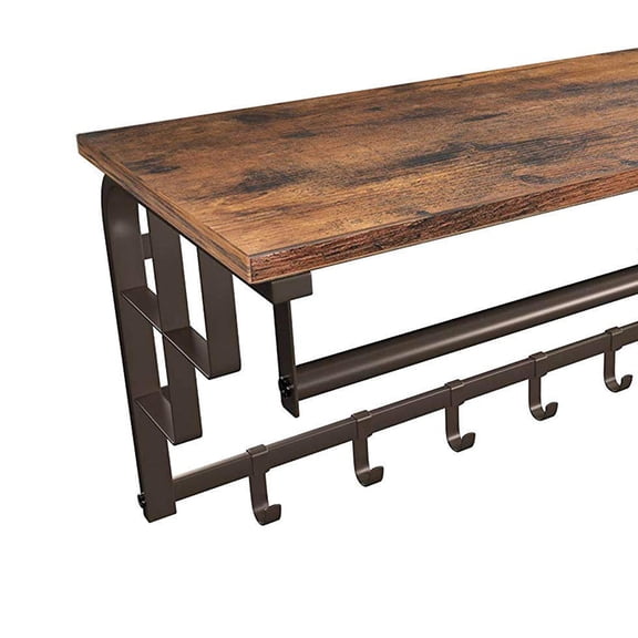 Maykoosh Vintage Variety 26 Inch Industrial Metal Frame Wall Mount Coat Rack, 5 Hooks, 1 Shelf, Rustic Brown, Black