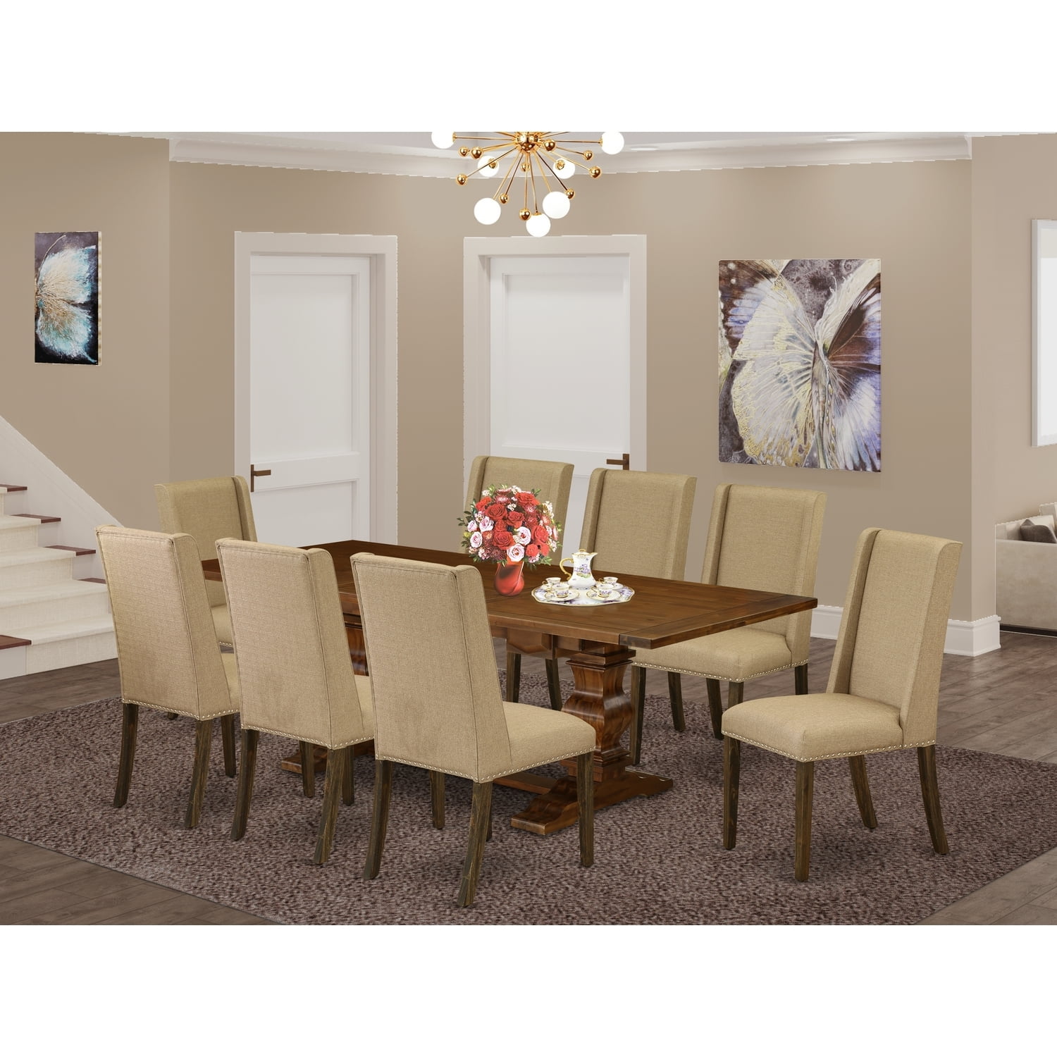 Antique Walnut 9-Piece Dining Set with Khaki Linen Chairs