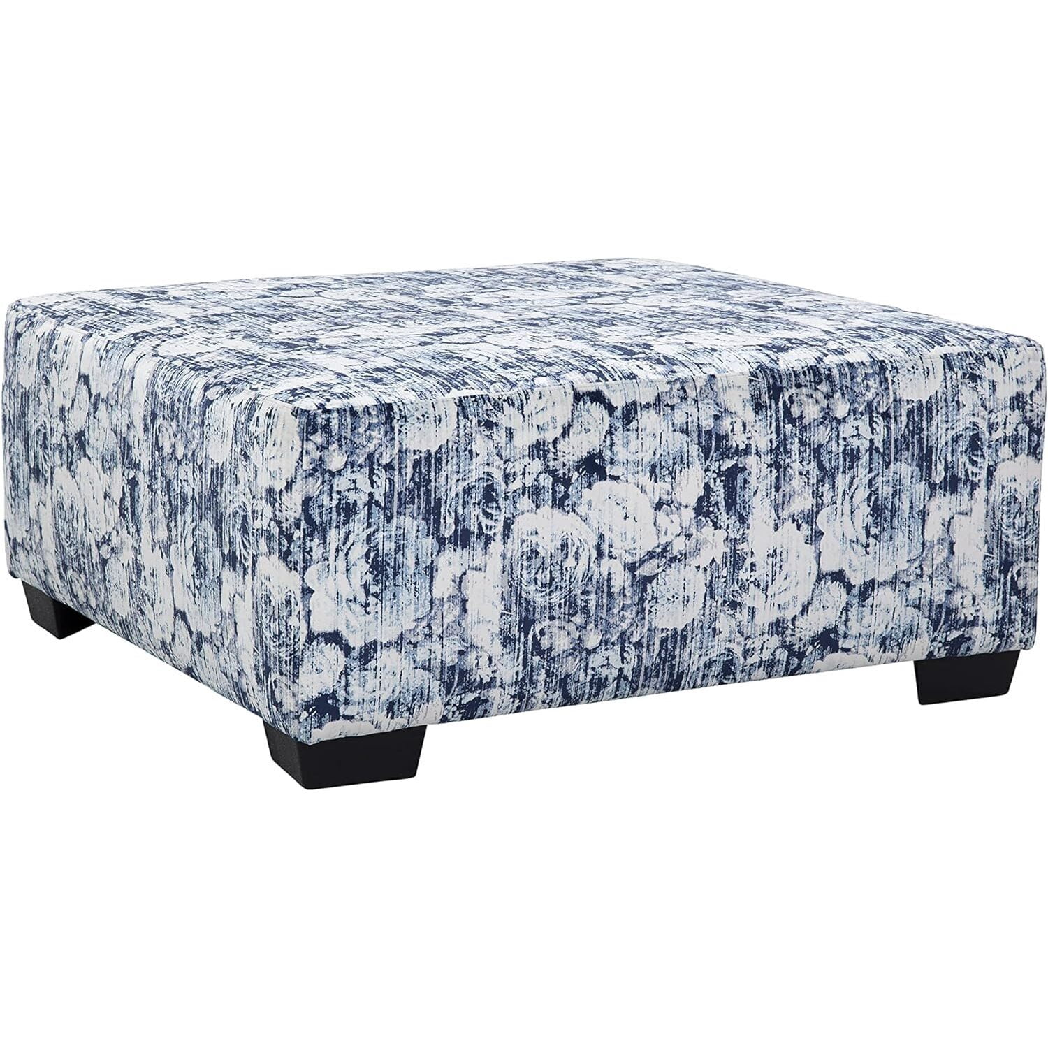 Maykoosh Vintage Visions Casual Comfort Series Blue Floral Square Upholstered Ottoman with Black Base Legs - 42"D x 42"W x 19"H