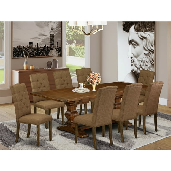 Vintage Dining Room Table Set 9-Piece with Chairs - Antique WalnutBeige Fabric - Modern Kitchen Table Set