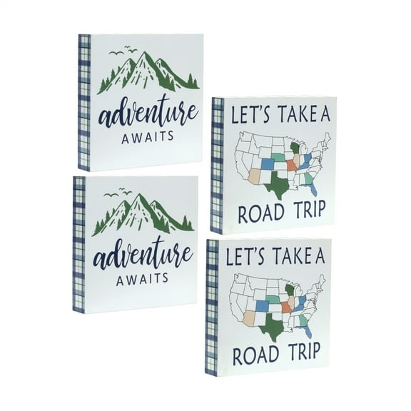 Wood Adventure Signs Set of 4 - Home Decor Sentiment Plaques - Mountain Map Road Trip Decor