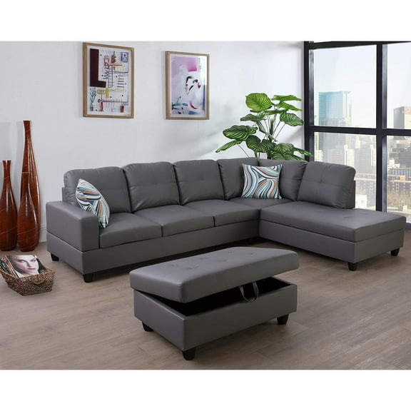 Maykoosh Zen Zone Furniture L Shape Sectional Sofa Sets With Removable Ottomans And Waist Pillows For Living Room, Dark Grey