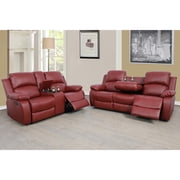 Maykoosh Zen Zone Furniture Sectional Recliner Sofa Set Faux Leather 2 Pcs Motion Sofa Loveseat Recliner Couch Manual Reclining Chair With Drop Down Table & Central Console For Living Room Red