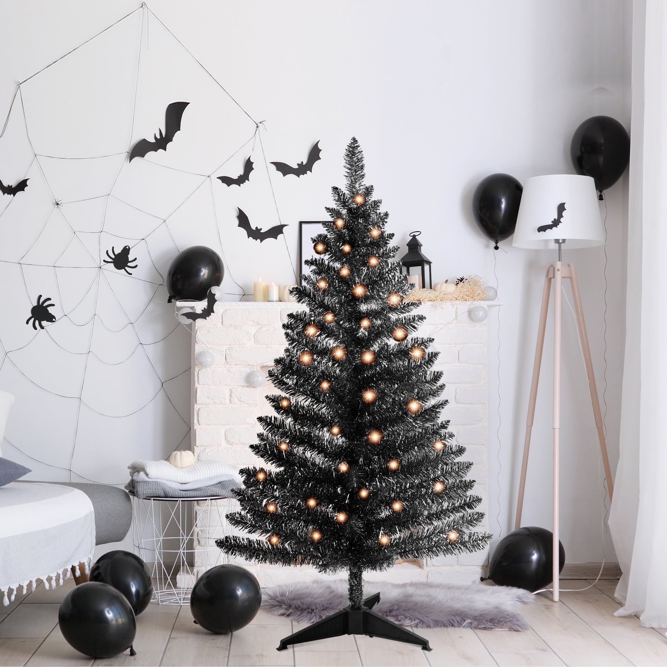 Maylaviu 4ft Lighted Artificial Christmas Tree, 122 Black Tinsel Branches, 50 Lights, Halloween Tree