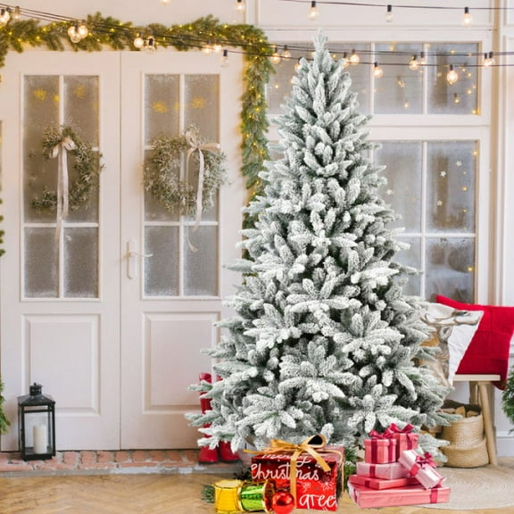 Maylaviu 7ft Unlit Snow Flocked Christmas Tree with 1514 PE/PVC Branch Tips for Holiday Decoration