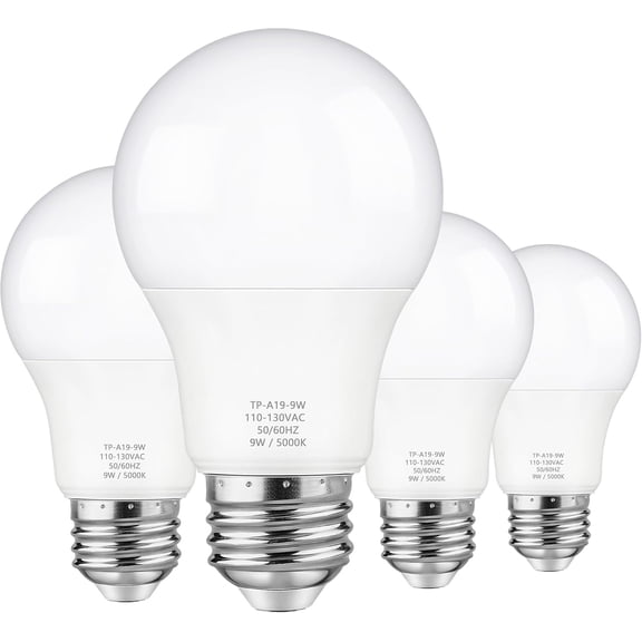 Maylaywood A19 LED Light Bulbs, 60 Watt Equivalent Bulb, Daylight White 5000K, 850 Lumen, E26 Base, Non-Dimmable, 9W Bright 4-Pack