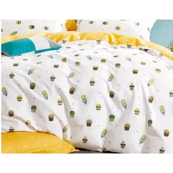 Say Yes Bedding Maylee Cupcake & Ice Cream Print Duvet Cover Set, 3-Piece Queen Bedding Set with Duvet Cover and 2 Pillow Shams, Soft Cotton Bedroom Bedding