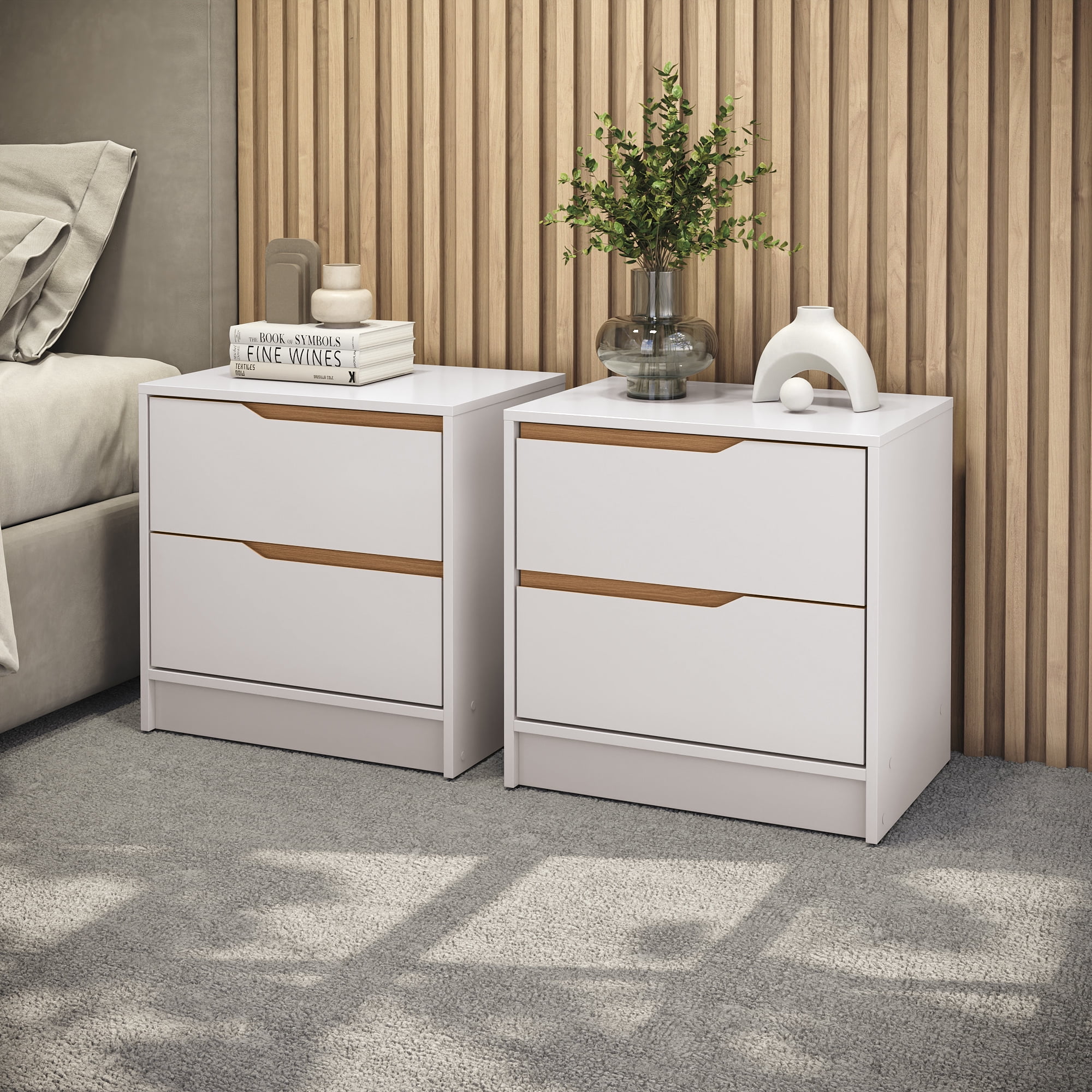 Kappesberg Brooklyn White/Golden Oak 2-Piece Nightstand Set with 2 Drawers – Compact Bedroom Storage - for Adults and Teens