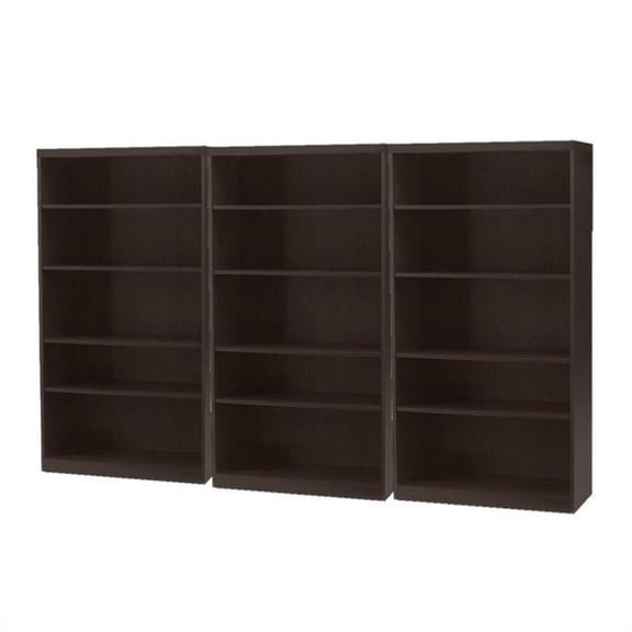 Mayline Aberdeen 5 Shelf Wall Bookcase 3 Piece Set in Mocha