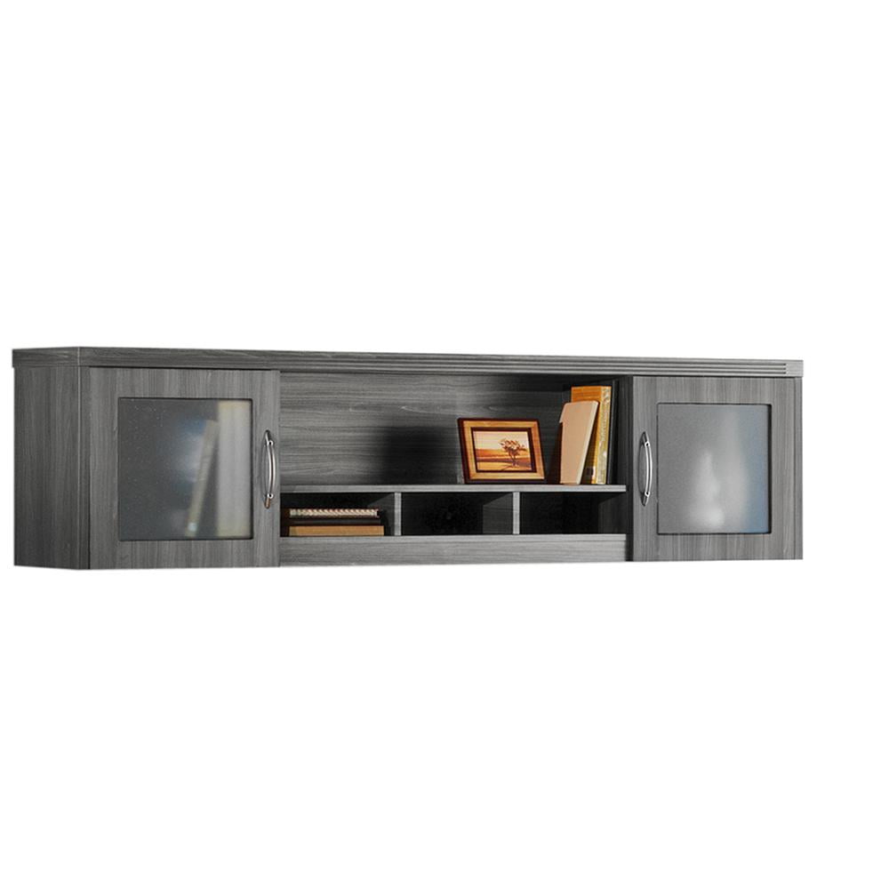 Gray Steel Wall Mount Hutch with Textured Glass Doors