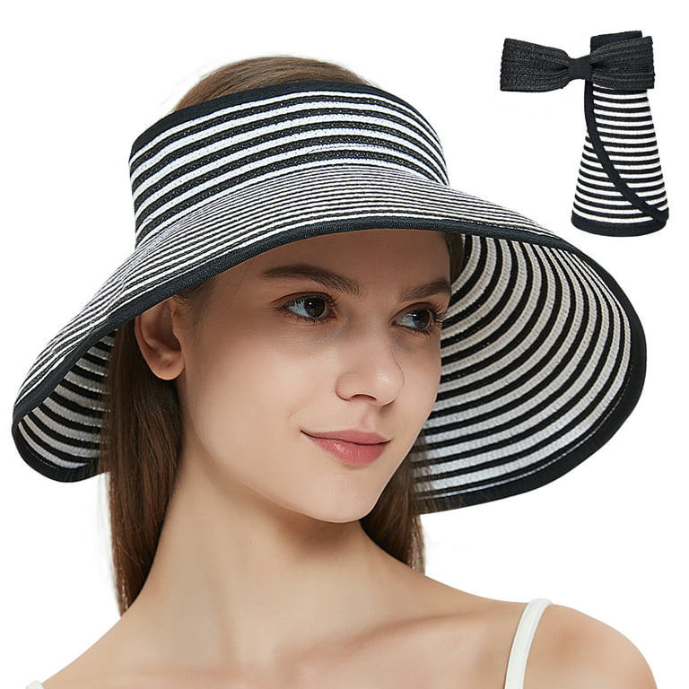 Maylisacc Woman Sun Visors Wide Brim Foldable Packable Roll Up Ponytail  Beach Hat Straw Visor Sun Hats 