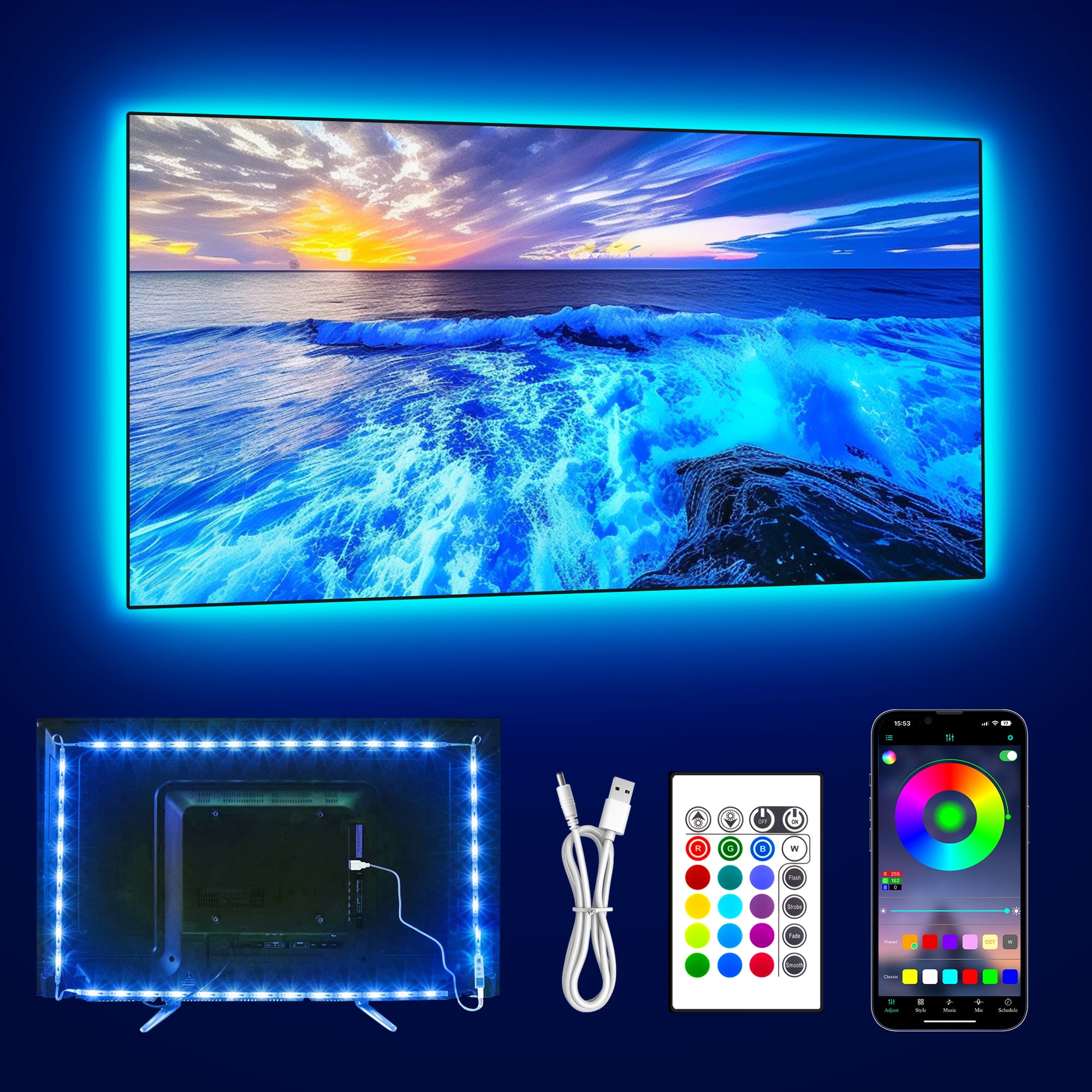 Maylit 14.3ft TV LED Backlight for 65-75 Inch TVs USB Powered RGB Strip Lights with Remote 4 Pack for Room Decor