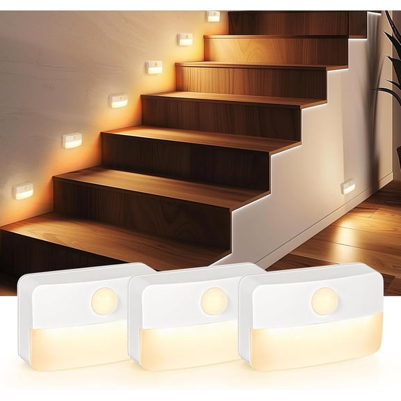 Maylit 3 Pack Motion Sensor Stair Light for Indoor, Battery Operated Closet Lights, Wireless Stick on Anywhere Hallway Lamp, Portable Led Night Lamps for Bedroom Under Cabinet Kitchen