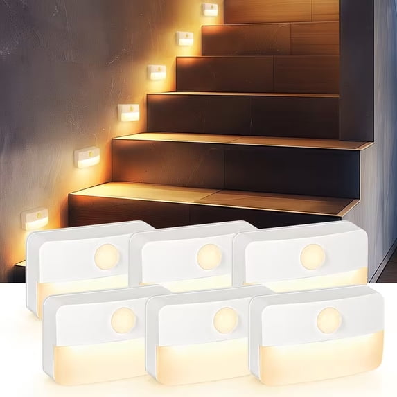 Maylit 6 Pack Motion Sensor Stair Light for Indoor, Battery Operated Closet Lights, Wireless Stick on Anywhere Hallway Lamp, Portable Led Night Lamps for Bedroom Under Cabinet Kitchen