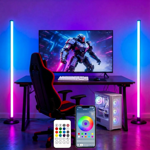 Maylit ICRGB Corner Floor Lamp, 2 Pack Smart LED Floor Lamps with App & Remote Control, Music Sync, 16 Million Colors, Auto Timer, Modern Ambient Standing Light for Gaming Room, Living Room, Bedroom