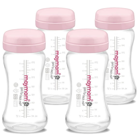 Maymom Wide-Mouth Milk Storage Collection Bottle with Travel Cap Sealing Ring, Pink 4pc