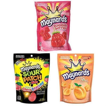 Maynards Sour Cherry Blasters, Swedish Berries and Fuzzy Peach Candy Variety 355g/12.5oz, 3-Pack{Imported from Canada}