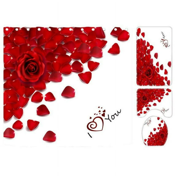 Maynos 4PCS / Set Flannel Fabric Valentines Day 3D Digital Printing 78"Shower Curtain + Bathroom Mat + U-Base Mat + Toilet Cover Mat for Home/Hotel/Party Decor, 8 Patterns Supplies (7#)