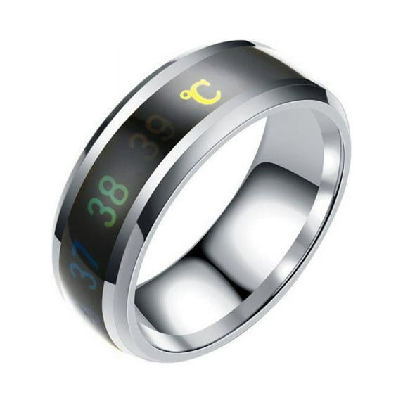 Maynos 8mm Titanium Steel Monitor Ring Digital Thermometer Body Temperature Sensative Color Changing Wedding Band Couple Lovers Ring, Size 9-13 Silver