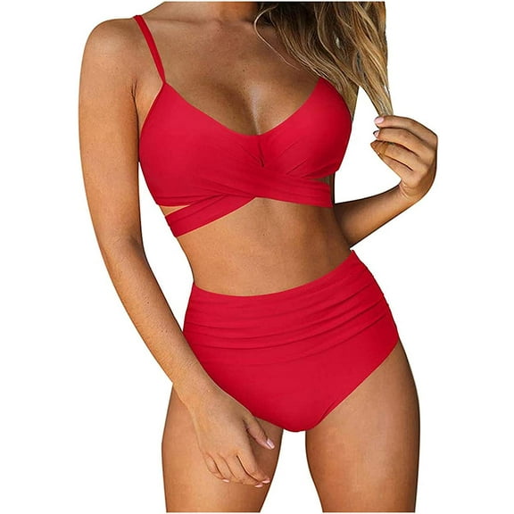 Maynos Women Halter Bikini High Waisted Swimsuits Cross Wrap Two Piece Strappy Bathing Suits