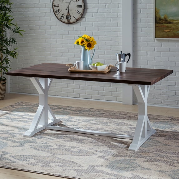 Mayo Rustic Farmhouse Acacia Wood Dining Table, Dark Brown and White