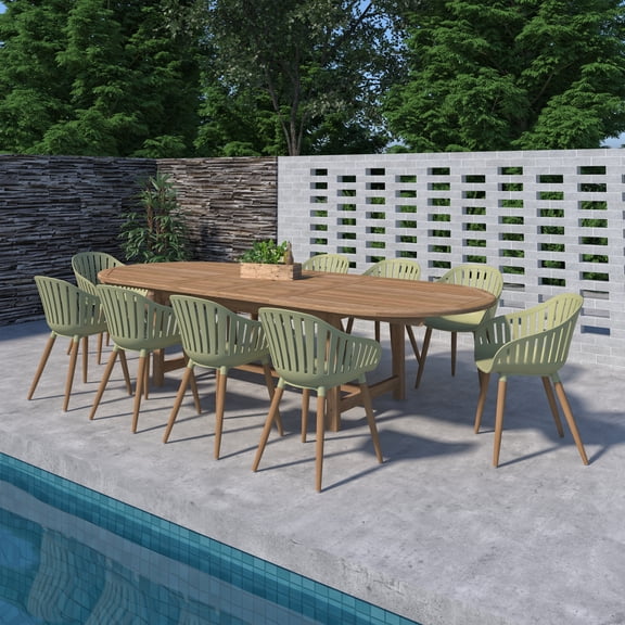 Mayorca 9-Piece Teak FSC Certified and Recycled Resin Extendable Patio Dining Set with Green Arm Chairs