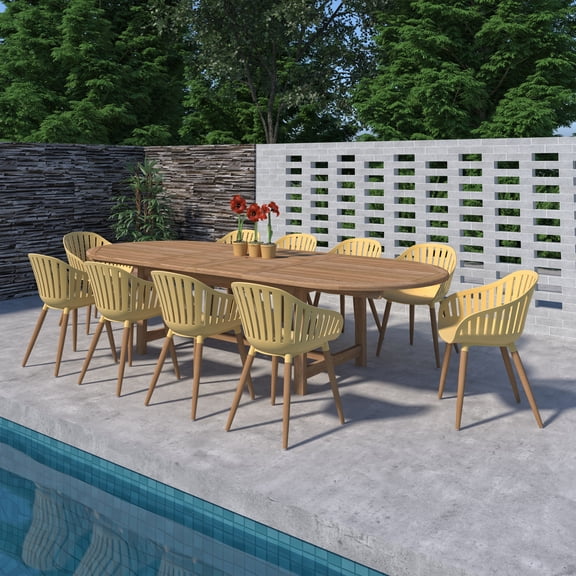 Mayorca 9-Piece Teak FSC Certified and Recycled Resin Extendable Patio Dining Set with Yellow Arm Chairs